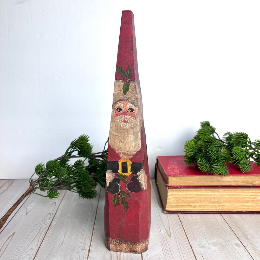 Vintage Primitive Wood Carved Pencil Pyramid Folk Art Santa Hand Painted Signed
